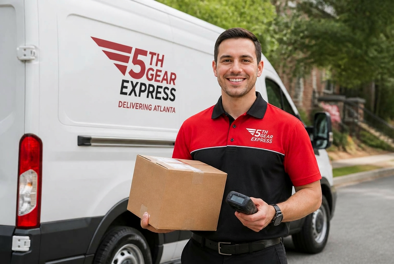 5th Gear Express delivery driver in uniform standing in front of a cargo van